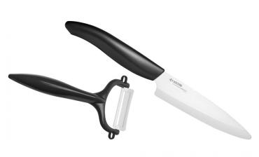 Комплект от керамични нож и белачка в подаръчна опаковка Kyocera FK-110 WH-BK + CP-10-NBK - черен